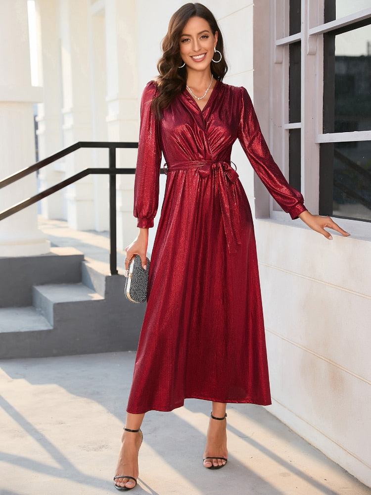 Women Dress 2023 New In Dresses V-Neck Slim Lace Up Gold Plated Dress Wine Party Fashion Formal Occasion Dresses Womens Clothing - - DYAVOR®