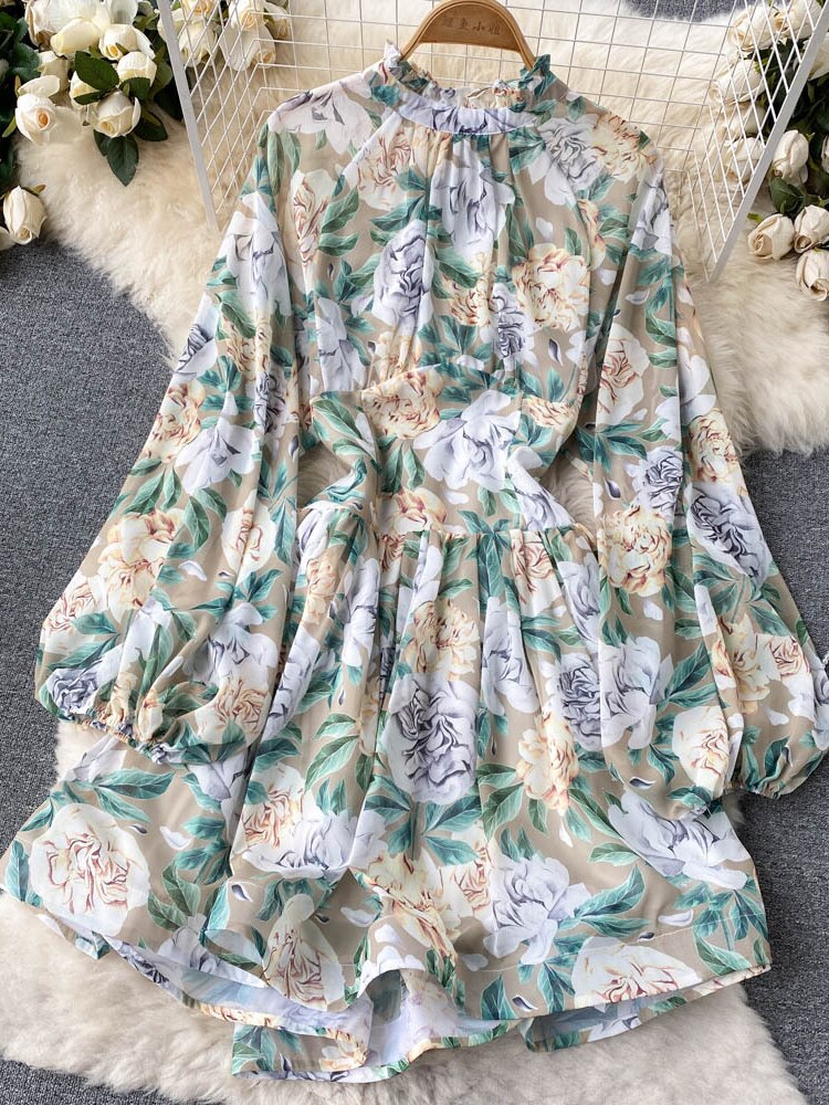 Clothes for Women New Fashion Print Open Back Sexy Dress Stand Up Neck Lace Up Long Sleeve Short Dresses Holidays Streetwear - - DYAVOR®