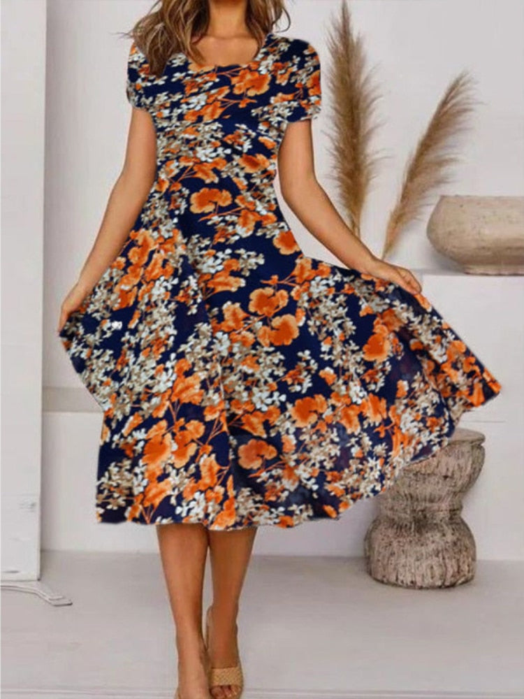 2022 New Summer Casual Print Dress Women's Fashion Short Sleeve Mid-length Skirt Bohemian Beach Holiday Skirt Dresses for Women - - DYAVOR®