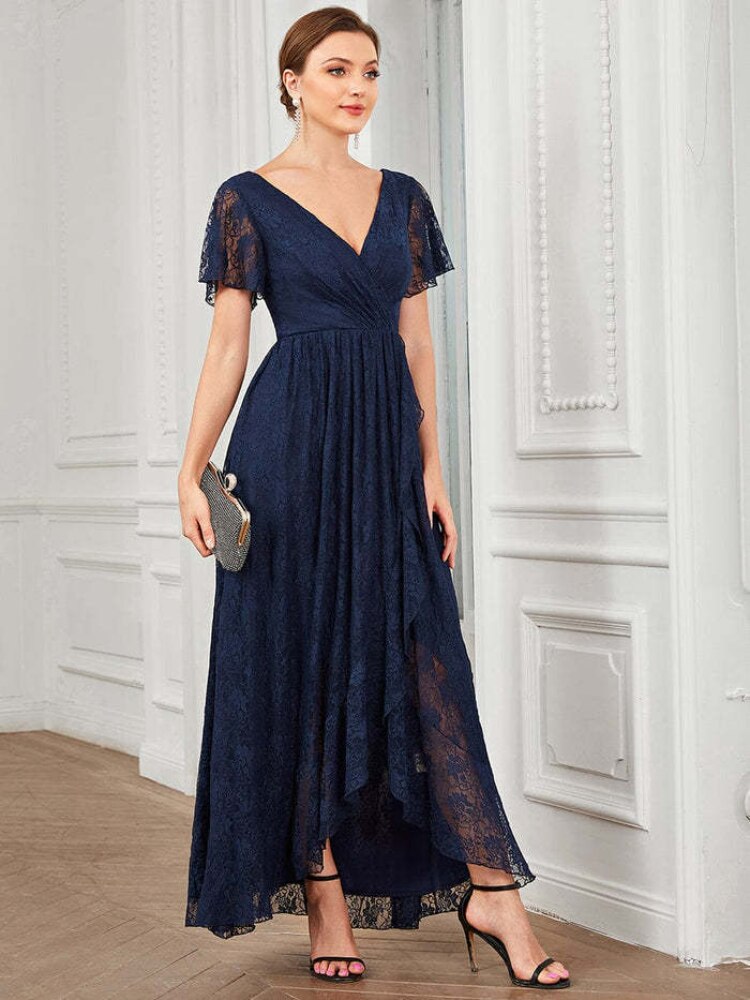 Elegant Party Dresses for Women 2023 New Lace Short Sleeve V-neck Evening Dress Irregular Wavy Dress Oversized Female Clothing - - DYAVOR®