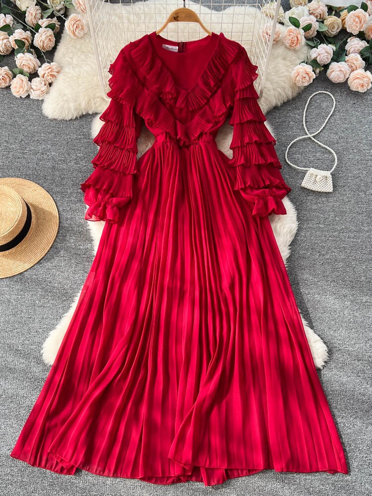 Party Dresses 2023 New V-neck Pleated Cake Sleeve Waist Long Skirt Fashion Sexy Dress Formal Occasion Dresses Woman Clothing - - DYAVOR®