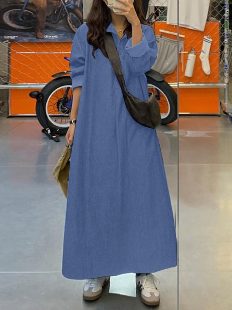 Dresses for Women 2023 Solid Color Lapel Long Sleeved Denim Dress Elegant Fashionable Oversize Loose Long Dresses Woman Clothing - - DYAVOR®