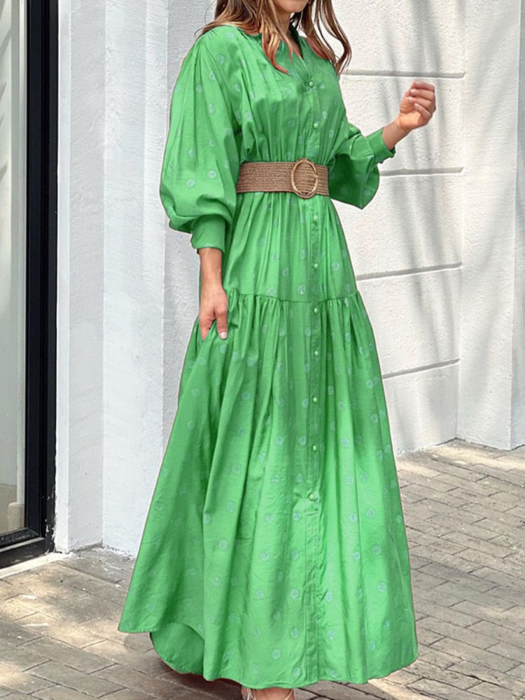 Spring Summer Loose Dress Women's Stand Collar Belt Polka Dot Printed Long Skirt Fashion Casual Street Women Dress Dresses Robe - - DYAVOR®