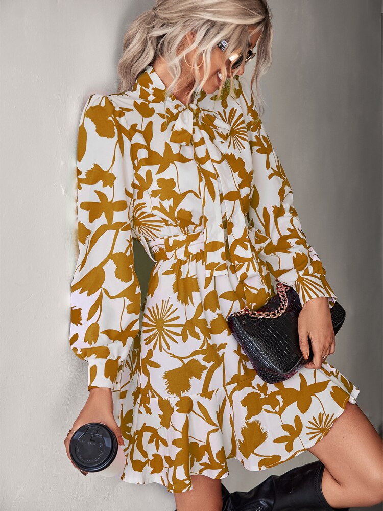 Fall Outfits Women Spring New Long-sleeved Crewneck Dress Lace-up Waist Short Skirt Temperament Commuter Women's Wear Dresses - - DYAVOR®
