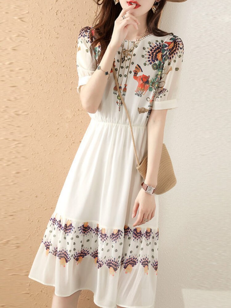 2022 Summer New White Chiffon Dress Gentle Wind Closing Waist Aging Long Skirt Super Fairy Mid Length Skirt Dresses for Women - - DYAVOR®