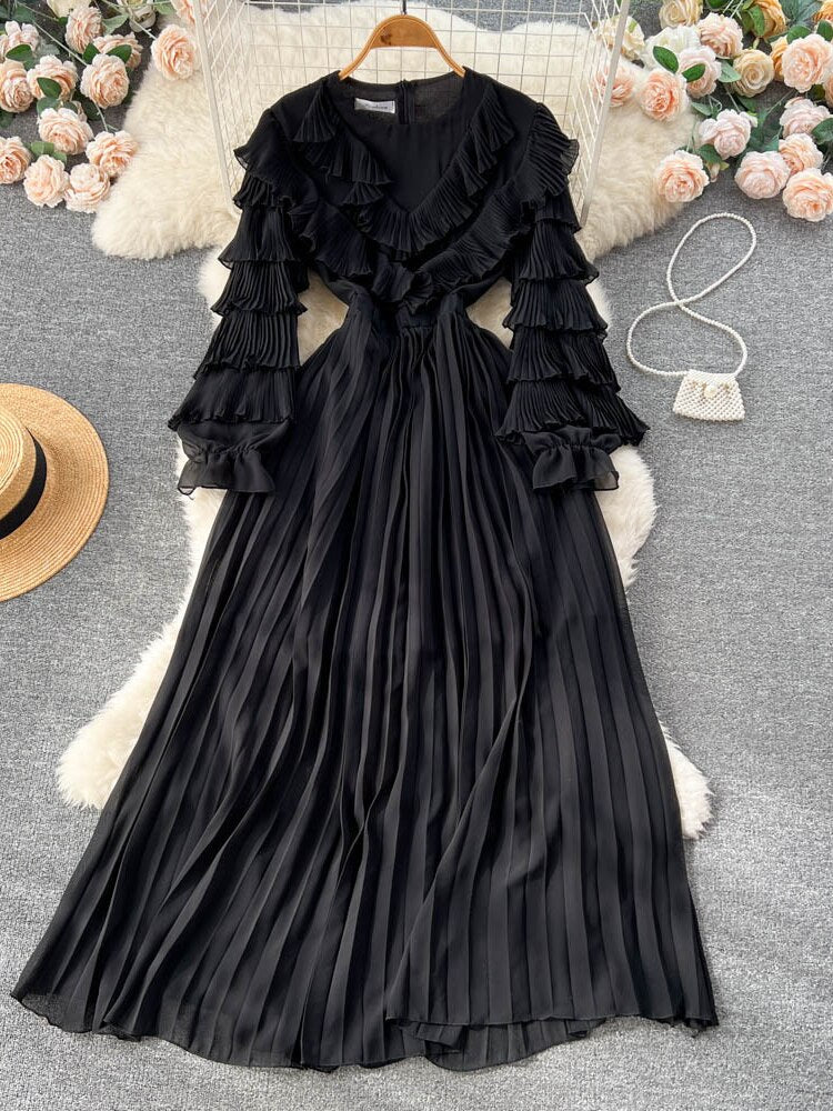 Party Dresses 2023 New V-neck Pleated Cake Sleeve Waist Long Skirt Fashion Sexy Dress Formal Occasion Dresses Woman Clothing - - DYAVOR®