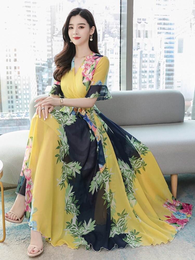 Dress for Women 2023 Summer New Fashion Chiffon Dress Printed Long Dresses Woman Clothing Temperament Elegant Women's Dresses - - DYAVOR®
