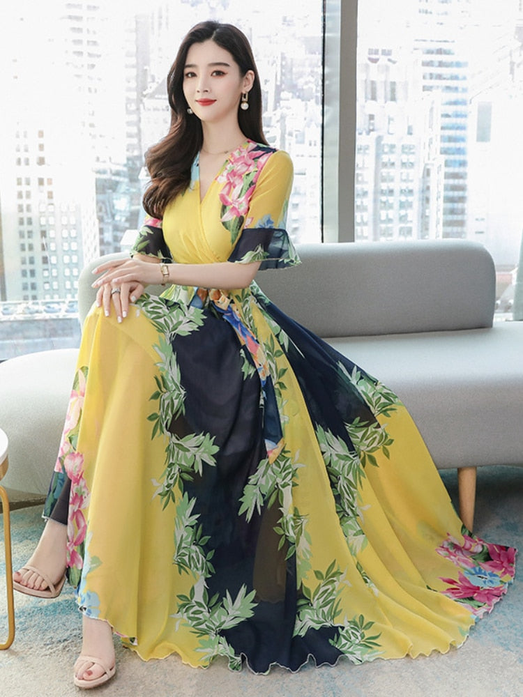 Dress for Women 2023 Summer New Fashion Chiffon Dress Printed Long Dresses Woman Clothing Temperament Elegant Women's Dresses - - DYAVOR®