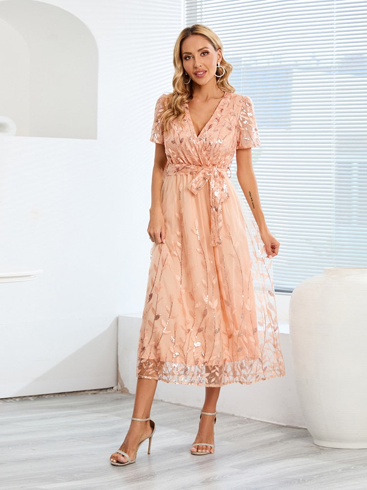 Elegant Party Dress for Women 2023 Summer New Slim Dress Embroidered Sequin Mesh Dress Formal Occasion Dresses Woman Clothing - - DYAVOR®