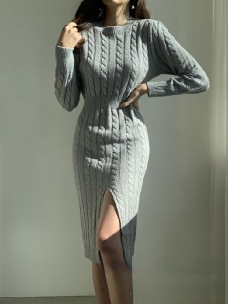 Retro Split Knit Dress Women's 2023 Autumn Winter New Waist Slimming Bottoming Sweater Skirt Dress for Women Sweaters Dresses - - DYAVOR®
