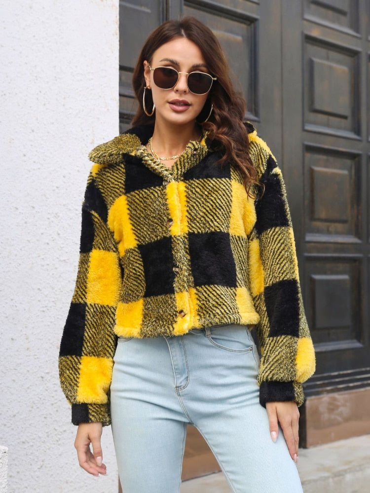 Plaid Double-sided Velvet Jacket Women's Balloon Sleeves Loose Long Sleeve Short Jackets Autumn Winter New Coat Tops Clothes - - DYAVOR®