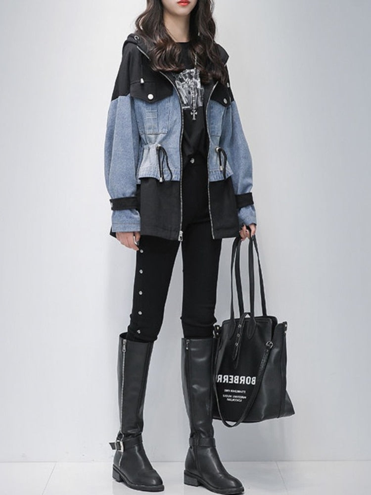 New Spring Autumn Middle and Long Windbreaker Women's Waist Is Slim Splicing Denim Jacket Women Denim Jacket Women Coats Tops - - DYAVOR®