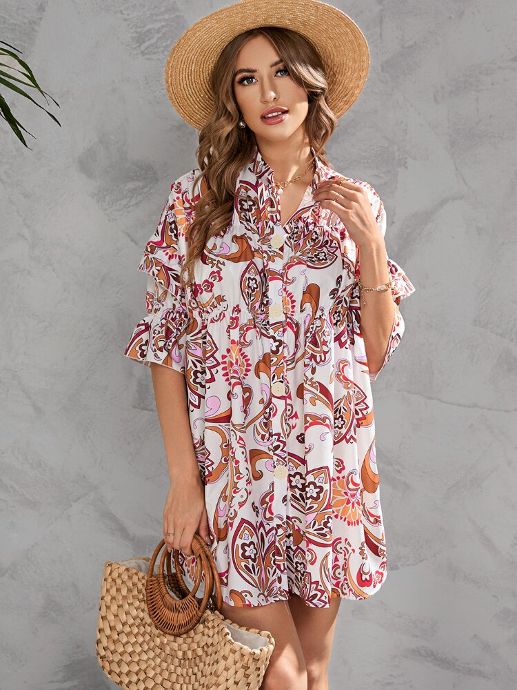 2022 Summer Single Breasted Dress Comfortable Printed V-neckline Dress Fashion Temperament Commuter Women's Wear Dresses Women - - DYAVOR®