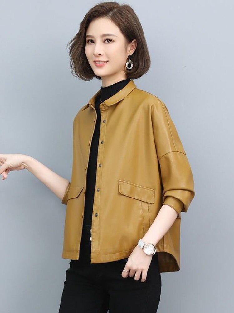 Jackets for Women Spring 2023 New Korean Fashion Cropped Leather Jacket Tops Lapel Long Sleeve Coats Streetwear Woman Clothes - - DYAVOR®