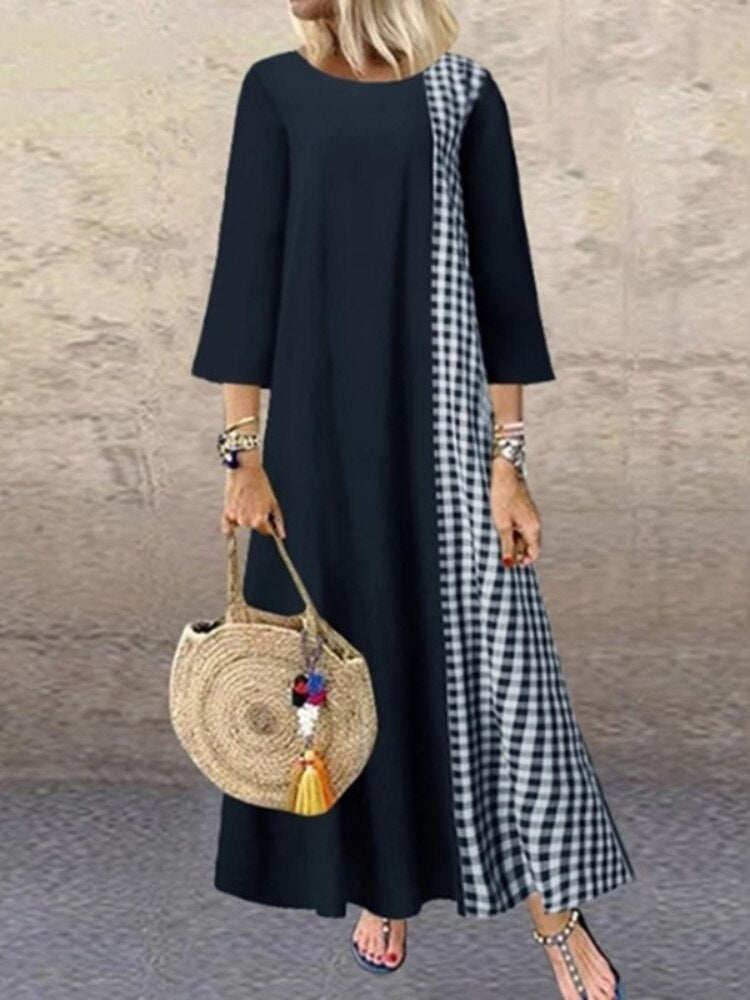 Spring Summer New Loose Plaid Patchwork Women's Dress Middle Sleeve Round Neck Llong Dresses Fashion Casual Women Clothing Robe - - DYAVOR®