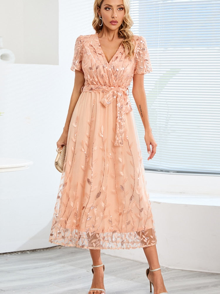 Elegant Party Dress for Women 2023 Summer New Slim Dress Embroidered Sequin Mesh Dress Formal Occasion Dresses Woman Clothing - - DYAVOR®