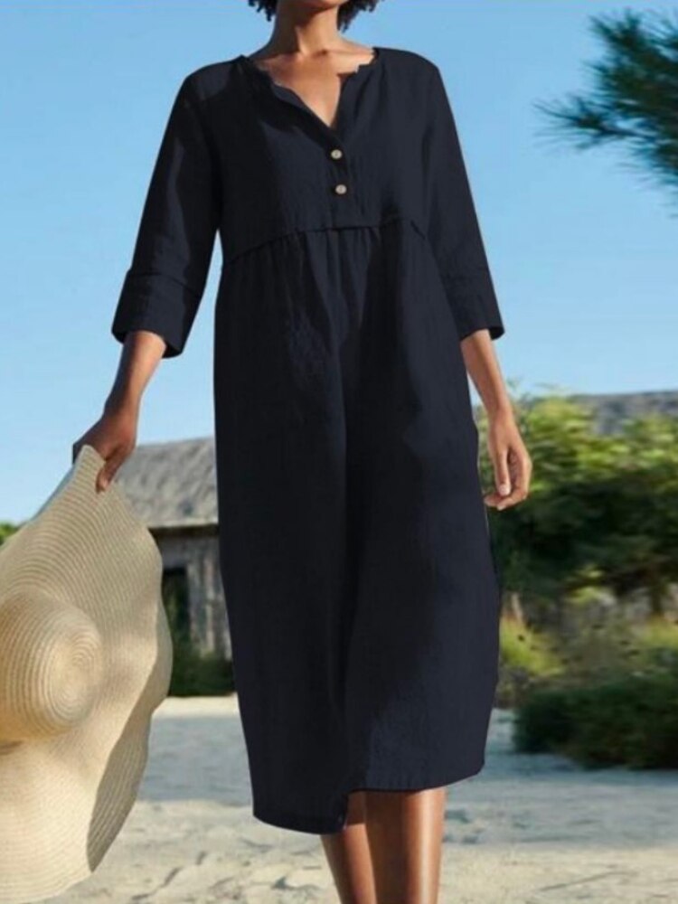 Dresses for Women 2023 Summer New Round Neck Button Solid Color Dress Oversize Loose Fit Long Dress Fashion Casual Streetwear - - DYAVOR®