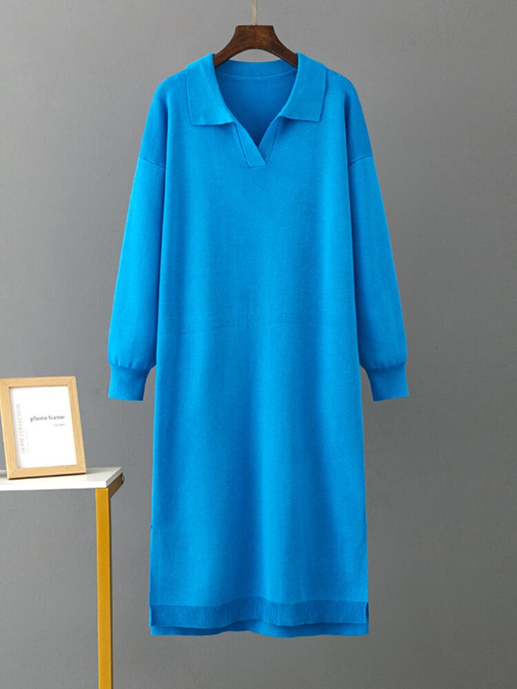 Long Dresses for Women Autumn Winter New Polo Neck Bottom Knit Sweater Loose Solid Color Ladies Dress Streetwear Female Clothing - - DYAVOR®