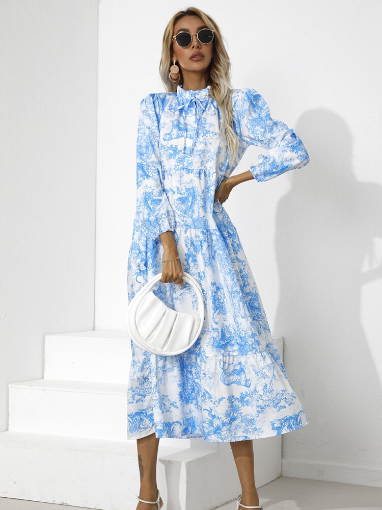 Elegant Women's Dresses for Party 2022 New Autumn Long Sleeve Printed Dress Fashionable Round Neck Dress Casual Streetwear Robe - - DYAVOR®