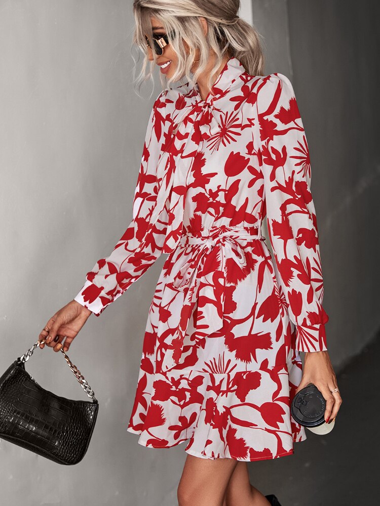 Fall Outfits Women Spring New Long-sleeved Crewneck Dress Lace-up Waist Short Skirt Temperament Commuter Women's Wear Dresses - - DYAVOR®