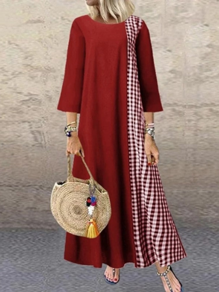 Spring Summer New Loose Plaid Patchwork Women's Dress Middle Sleeve Round Neck Llong Dresses Fashion Casual Women Clothing Robe - - DYAVOR®