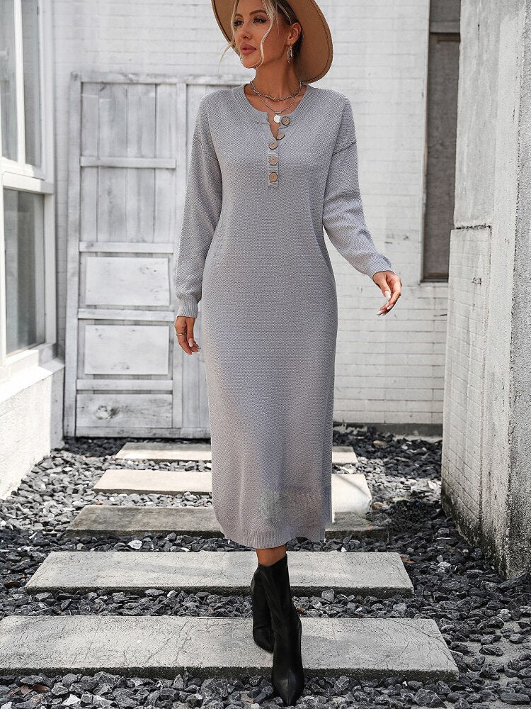 Loose Long Dresses New Button Knit Dress In Autumn Winter 2023 Fashion Temperament Commuter Women Sweater Streetwear White Dress - - DYAVOR®