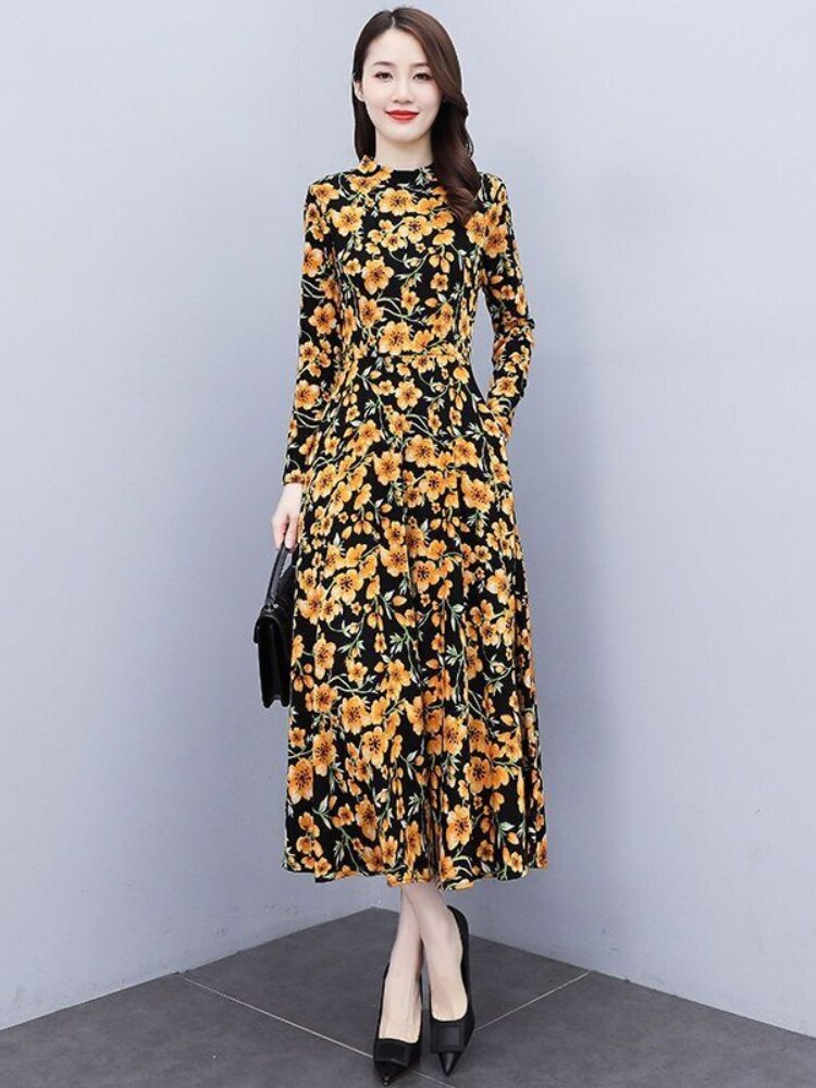 Spring Autumn New Korean Fashion Floral Long Sleeve Dresses Temperament Slim Mid Length Dress Oversize Woman Clothes Red Dress - - DYAVOR®