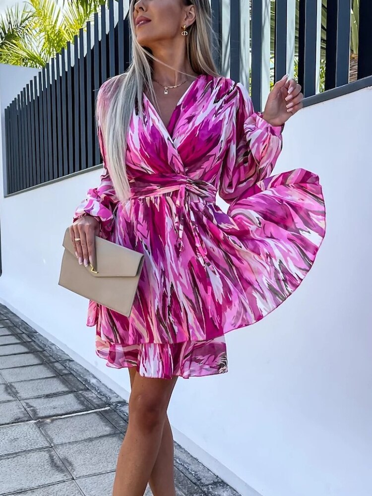 Summer Dress Woman 2023 Trendy New In Dresses V-neck Long-sleeved Dress Chiffon Printed Skirt Party Dresses Womens Clothing - - DYAVOR®