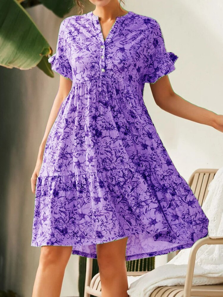 Dresses for Women 2023 Summer New V-neck Button Print Dress Women's Short Sleeves Loose Short Dresses Streetwear Woman Clothing - - DYAVOR®