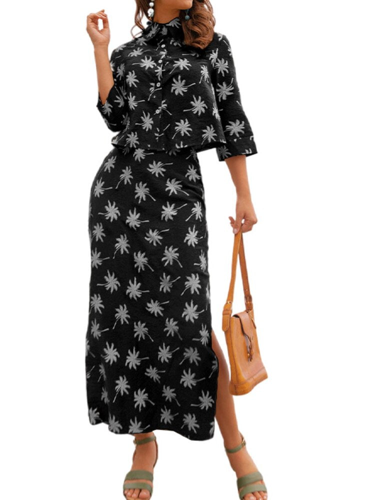 Two Piece Set for Women 2023 Spring Summer New Women's Floral Skirt Suit Shirt Temperament Elegant Print Split Skirt Dresses - - DYAVOR®