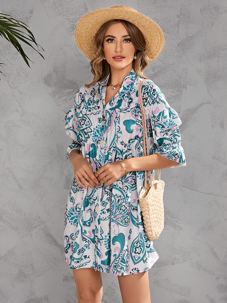2022 Summer Single Breasted Dress Comfortable Printed V-neckline Dress Fashion Temperament Commuter Women's Wear Dresses Women - - DYAVOR®