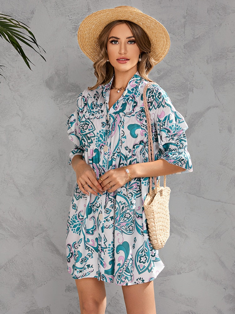 2022 Summer Single Breasted Dress Comfortable Printed V-neckline Dress Fashion Temperament Commuter Women's Wear Dresses Women - - DYAVOR®