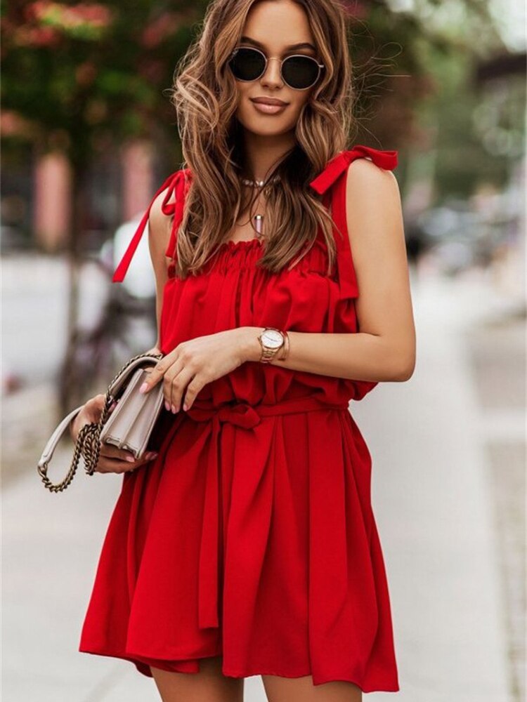2022 Summer New Suspender Solid Color Dress Women's Various Wearing Sexy Backless Skirt Slash Neck Spaghetti Strap Dresses - - DYAVOR®