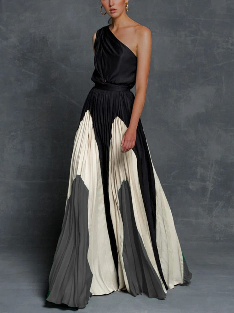 Spring Summer 2023 New Off-the-Shoulder Printed Sexy Dress Women Contrast Loose Spliced Long Dresses Formal Occasion Dresses - - DYAVOR®
