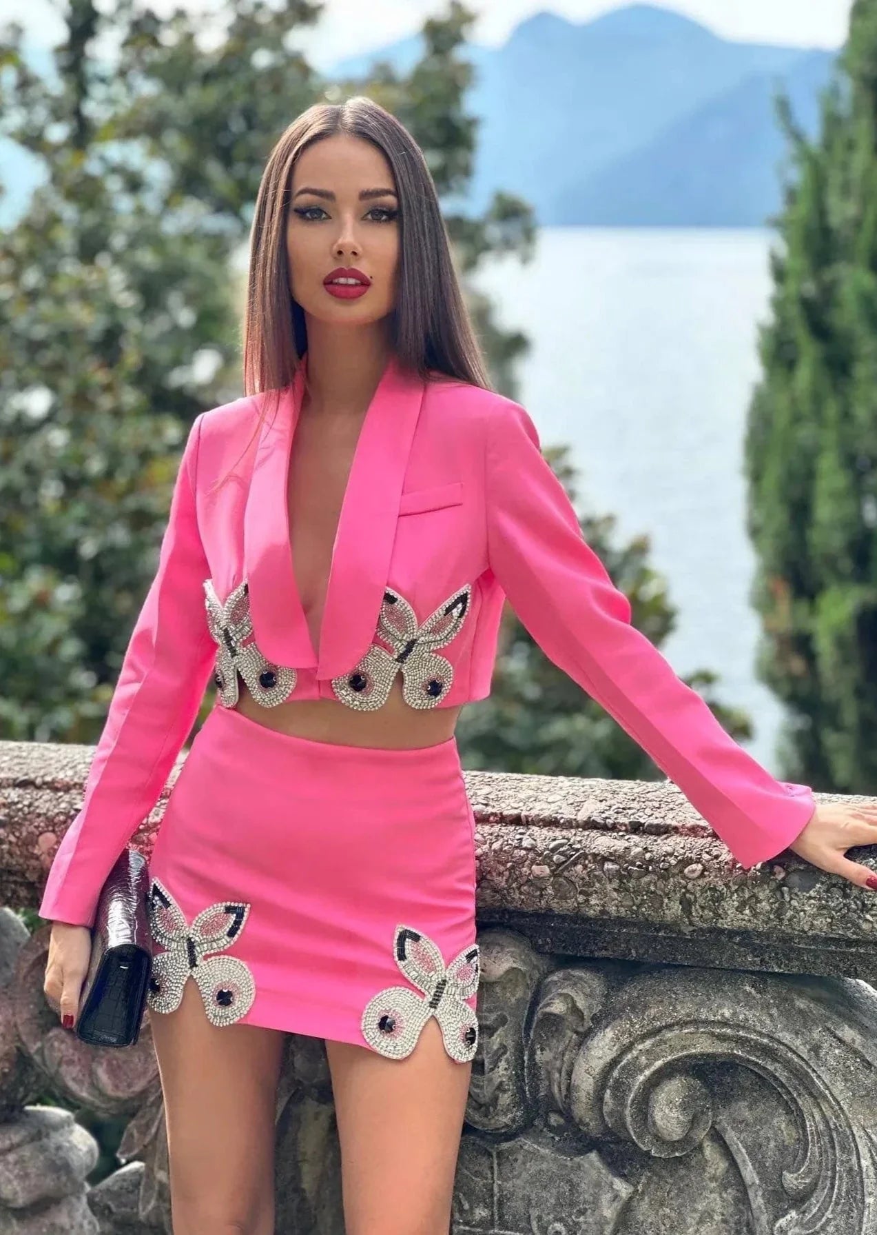 Pink Crop Suit with Rhinestone Butterflies - - DYAVOR®