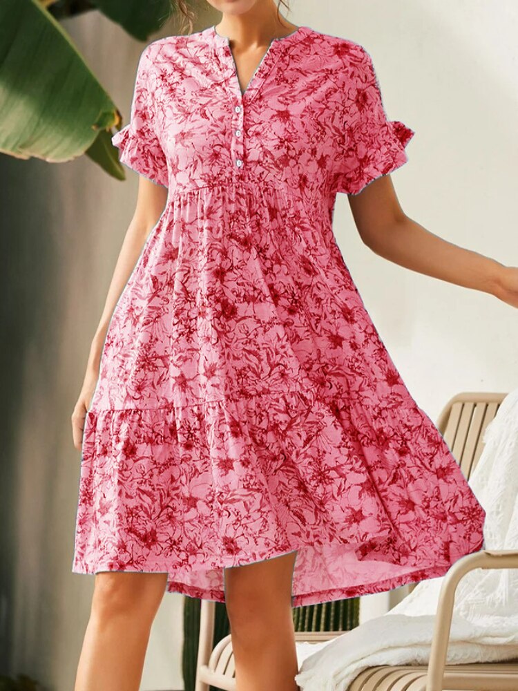 Dresses for Women 2023 Summer New V-neck Button Print Dress Women's Short Sleeves Loose Short Dresses Streetwear Woman Clothing - - DYAVOR®
