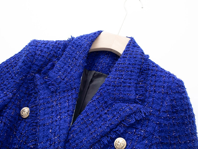 Double-breasted Tweed Blue Blazer - - DYAVOR®