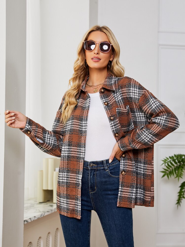 Women Clothing Spring Autumn New Woolen Plaid Jacket Casual Loose Shirt Winter Clothes Women Jacket Streetwear Coat Trench Tops - - DYAVOR®