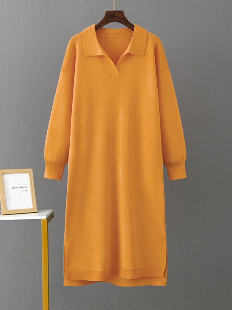 Long Dresses for Women Autumn Winter New Polo Neck Bottom Knit Sweater Loose Solid Color Ladies Dress Streetwear Female Clothing - - DYAVOR®