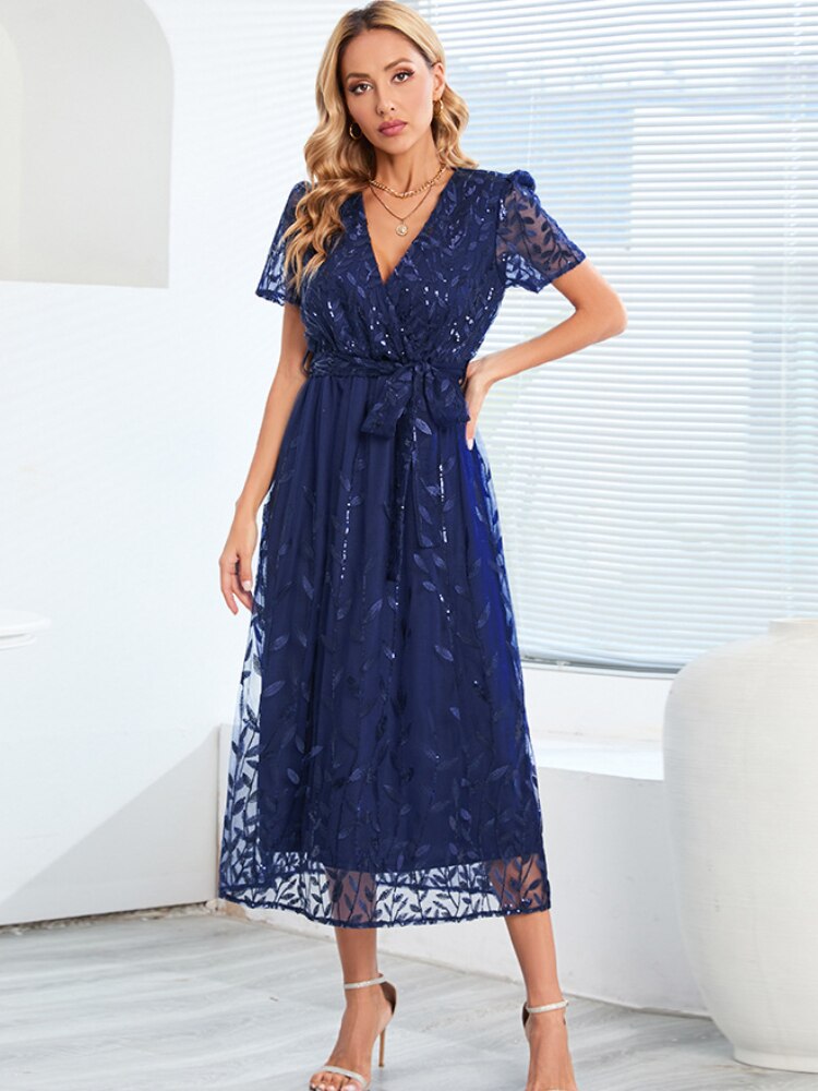 Elegant Party Dress for Women 2023 Summer New Slim Dress Embroidered Sequin Mesh Dress Formal Occasion Dresses Woman Clothing - - DYAVOR®