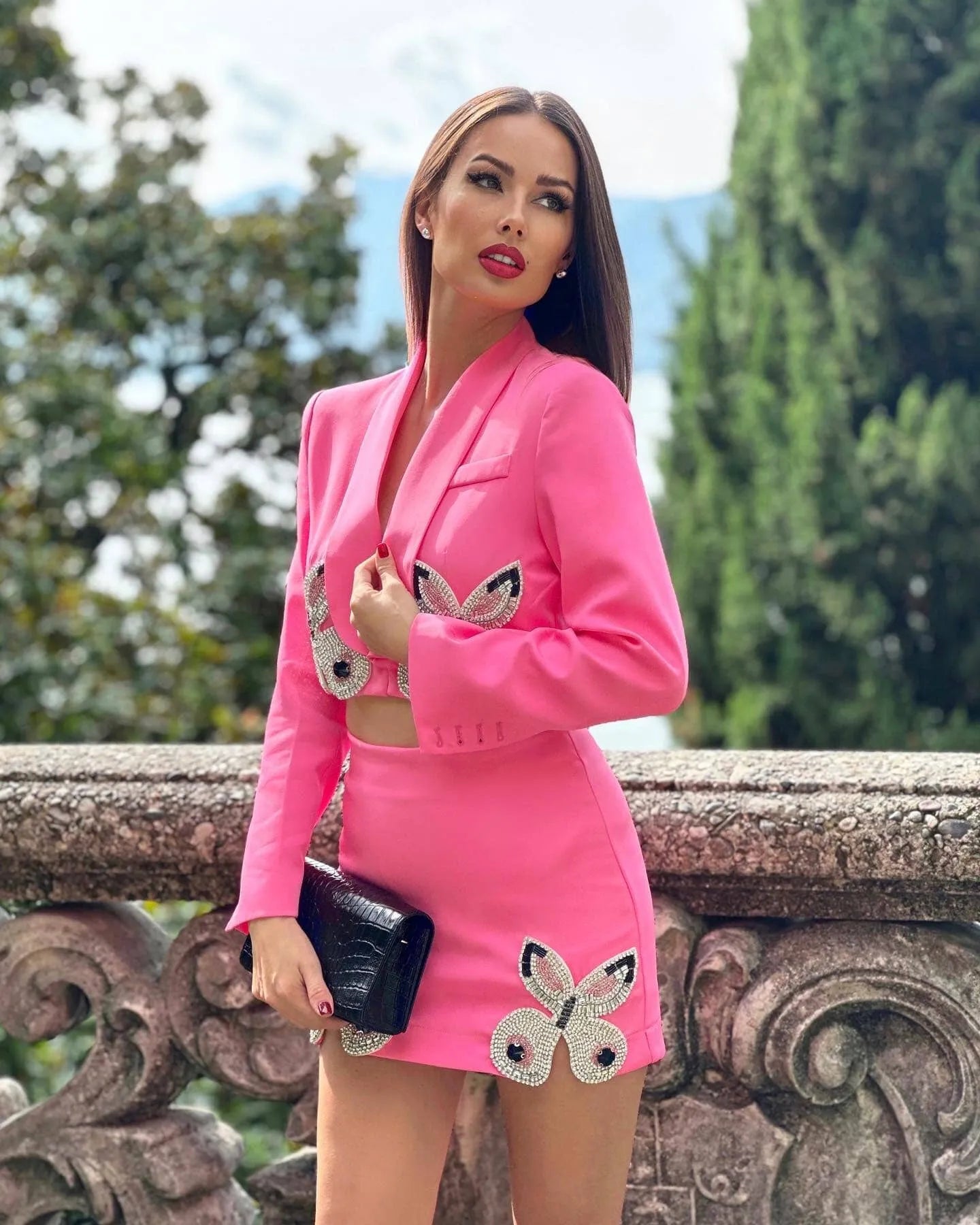 Pink Crop Suit with Rhinestone Butterflies - - DYAVOR®