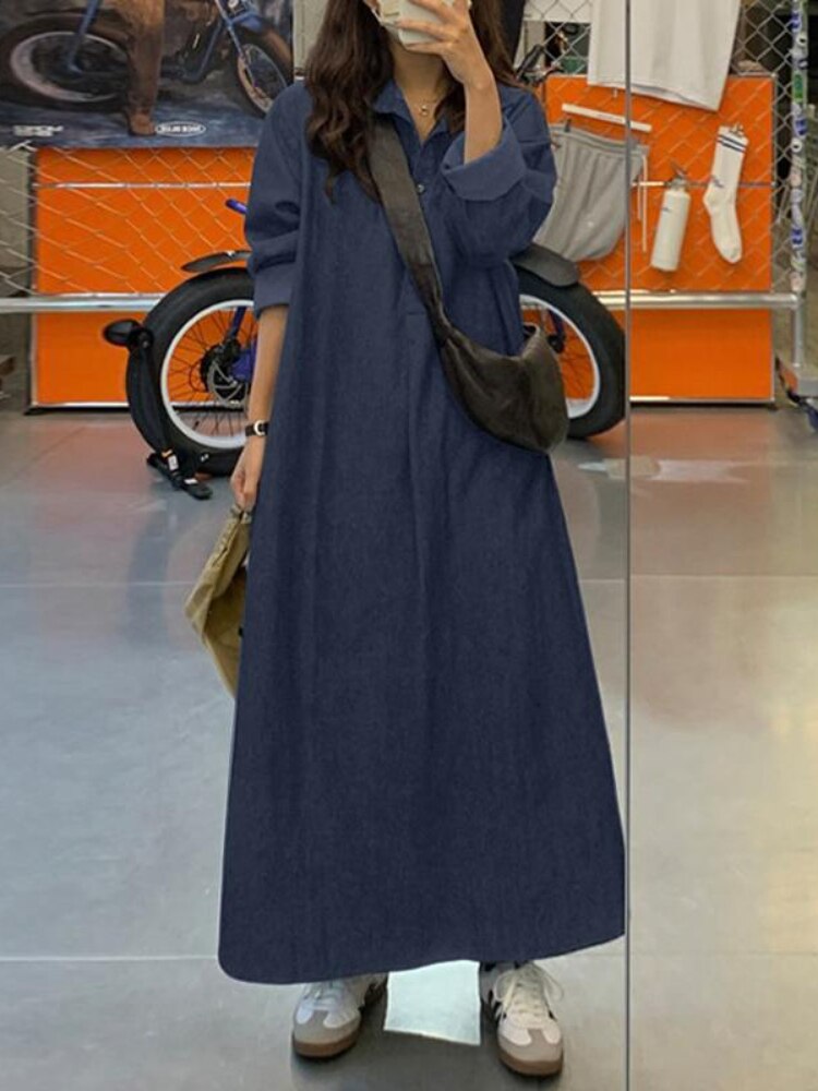 Dresses for Women 2023 Solid Color Lapel Long Sleeved Denim Dress Elegant Fashionable Oversize Loose Long Dresses Woman Clothing - - DYAVOR®