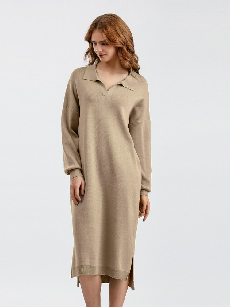 Long Dresses for Women Autumn Winter New Polo Neck Bottom Knit Sweater Loose Solid Color Ladies Dress Streetwear Female Clothing - - DYAVOR®