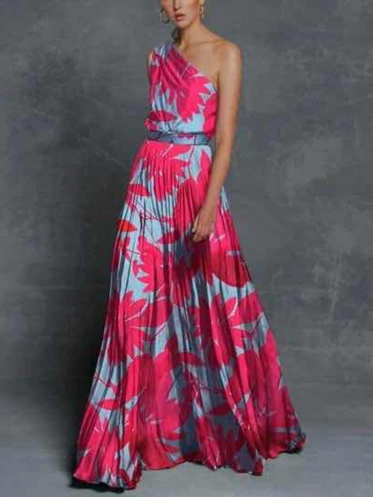 Spring Summer 2023 New Off-the-Shoulder Printed Sexy Dress Women Contrast Loose Spliced Long Dresses Formal Occasion Dresses - - DYAVOR®