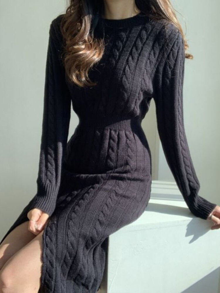 Retro Split Knit Dress Women's 2023 Autumn Winter New Waist Slimming Bottoming Sweater Skirt Dress for Women Sweaters Dresses - - DYAVOR®