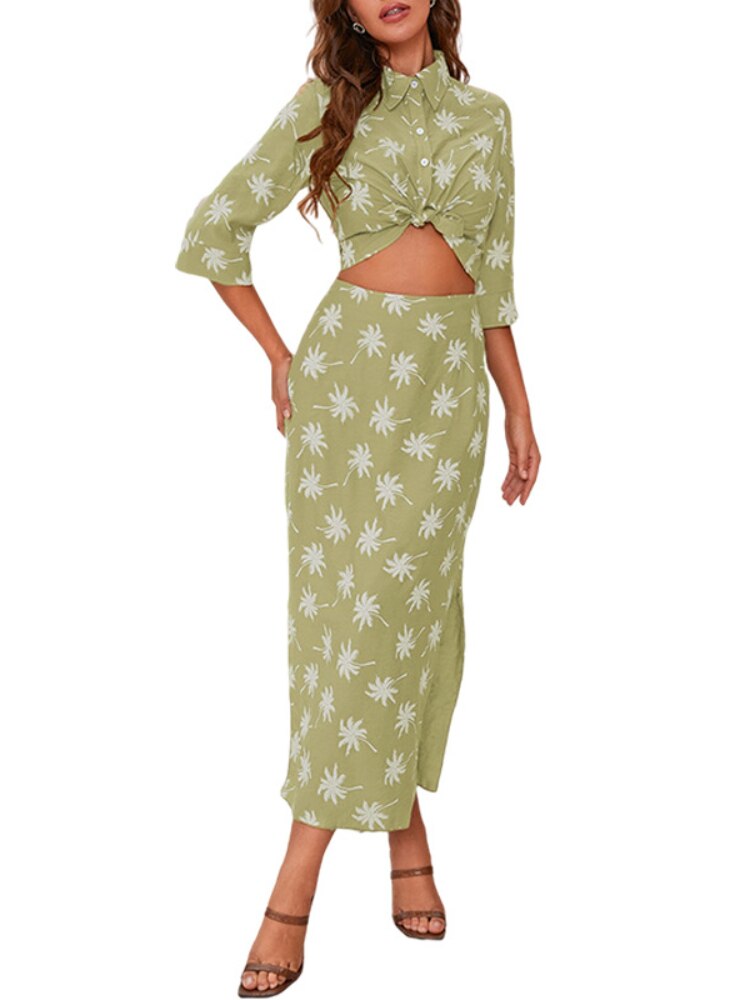 Two Piece Set for Women 2023 Spring Summer New Women's Floral Skirt Suit Shirt Temperament Elegant Print Split Skirt Dresses - - DYAVOR®