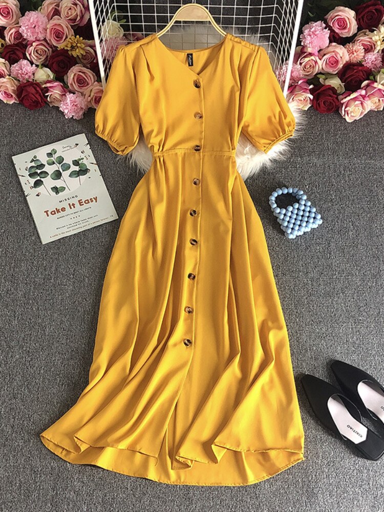 Female Clothing New Korean Version Loose Short Sleeve Dress with Waist Wrapped Cardigan Style Long Dress Formal Occasion Dresses - - DYAVOR®