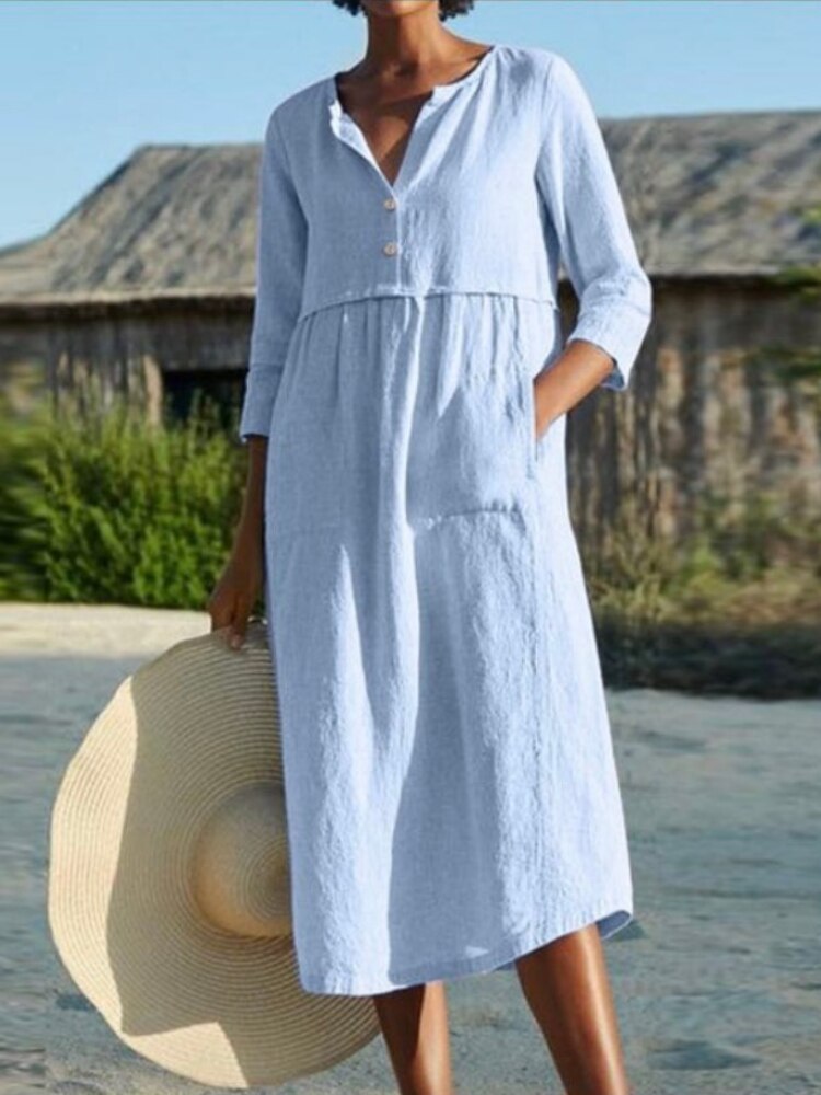 Dresses for Women 2023 Summer New Round Neck Button Solid Color Dress Oversize Loose Fit Long Dress Fashion Casual Streetwear - - DYAVOR®