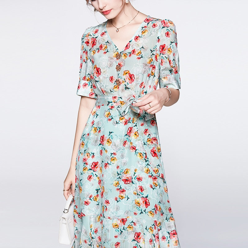 2023 Summer New in Women's Dress High-end Elegant Print Retro Female Casual Loose Dresses Sexy High Waist Women's Party Dress - - DYAVOR®