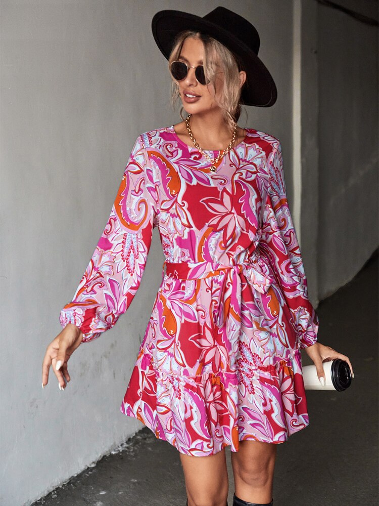 Fall Outfits Women Spring New Long-sleeved Crewneck Dress Lace-up Waist Short Skirt Temperament Commuter Women's Wear Dresses - - DYAVOR®